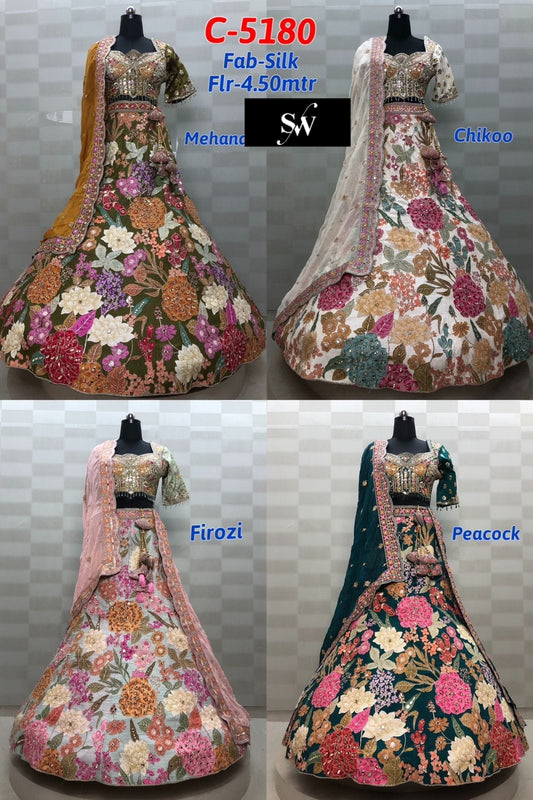 Mehendi Green Chiku Golden Firozi Pink Blue Multicolour Lehenga