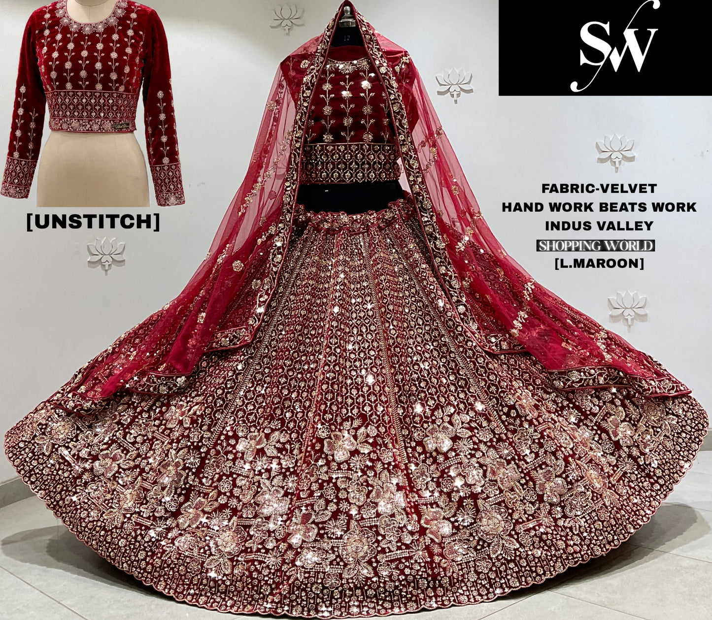 Light Maroon Velvet Bridal Lehenga