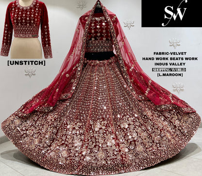 Light Maroon Velvet Bridal Lehenga