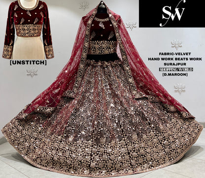 Dark Maroon Velvet Bridal Lehenga