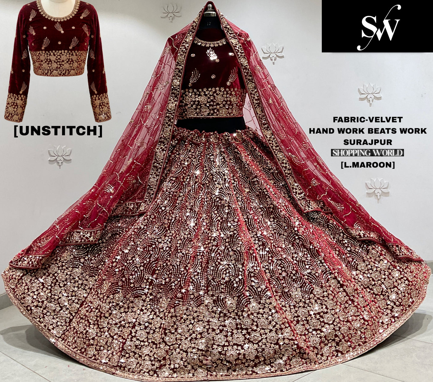 Dark Maroon Velvet Bridal Lehenga