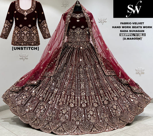 Dark Maroon Velvet Bridal Lehenga