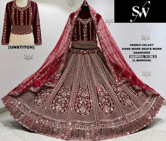 Light Maroon Velvet Bridal Lehenga