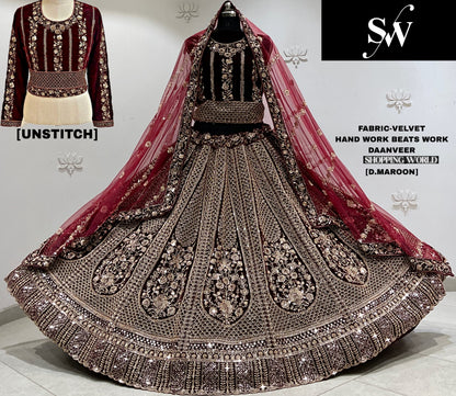 Dark Maroon Velvet Bridal Lehenga