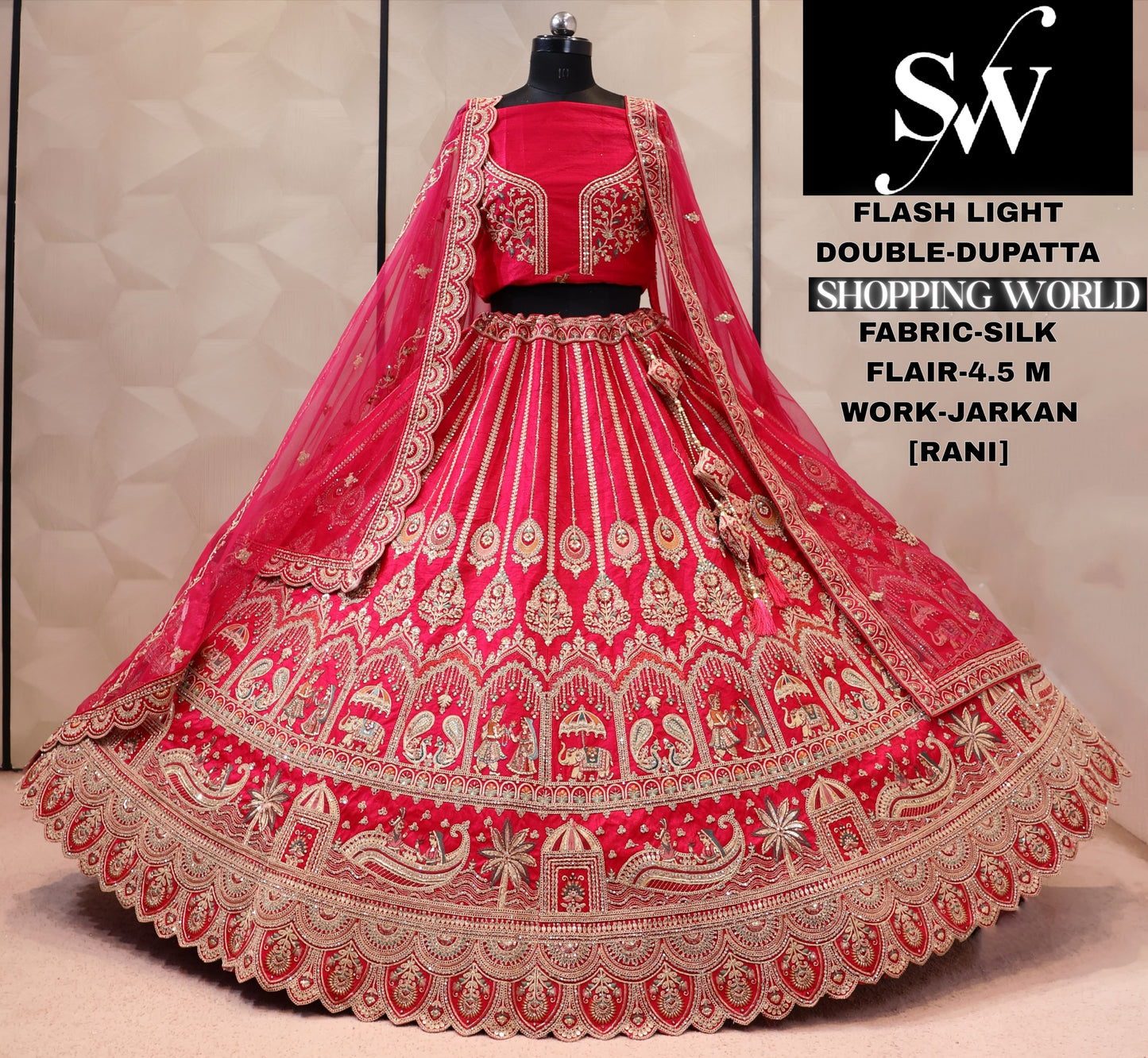 Raspberry chery pink double dupatta bridal Lehenga