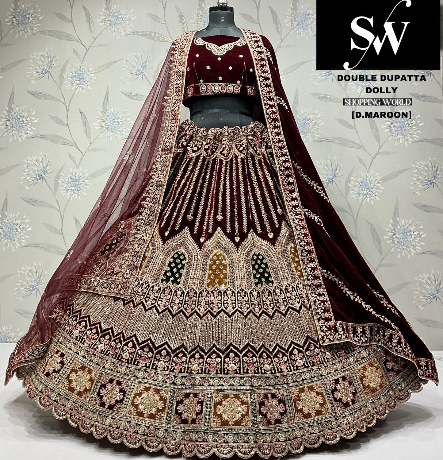 D.Maroon double dupatta bridal Lehenga