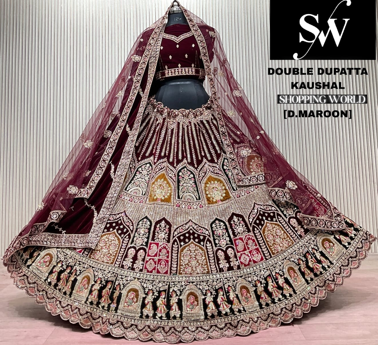 D.Maroon double dupatta bridal Lehenga