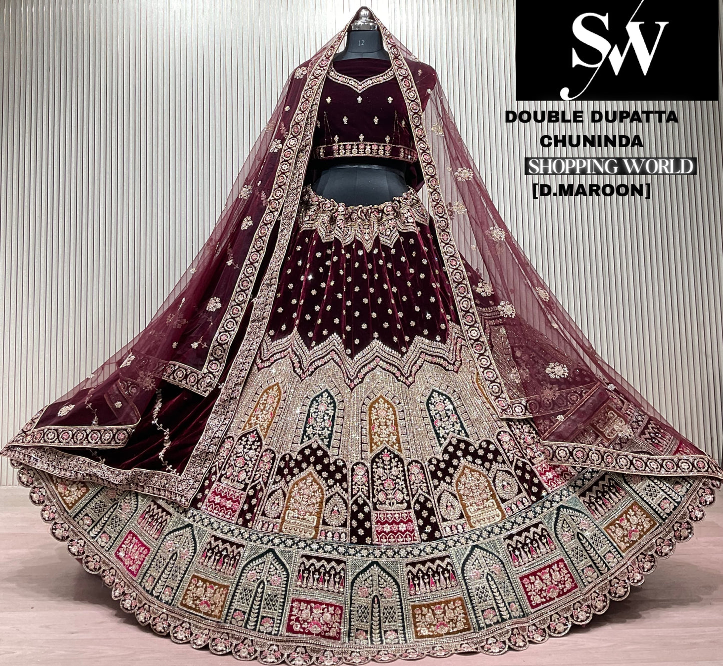 D.Maroon double dupatta bridal Lehenga