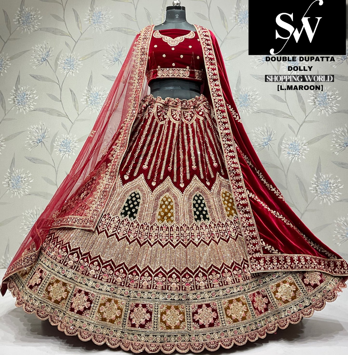 D.Maroon double dupatta bridal Lehenga