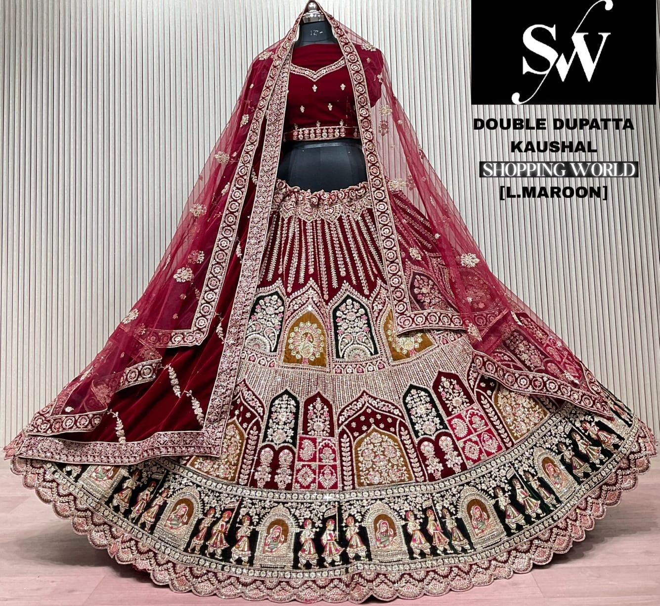 D.Maroon double dupatta bridal Lehenga