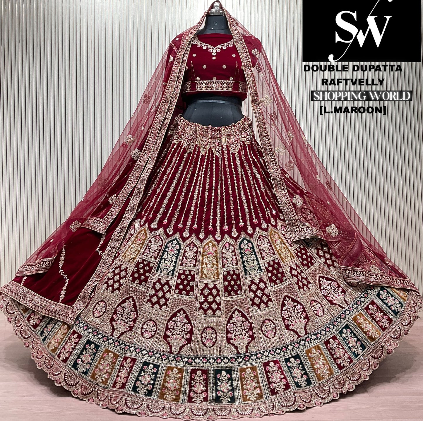 D.Maroon double dupatta bridal Lehenga