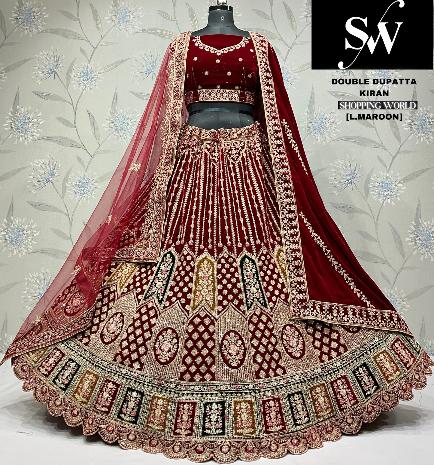 D.Maroon double dupatta bridal Lehenga
