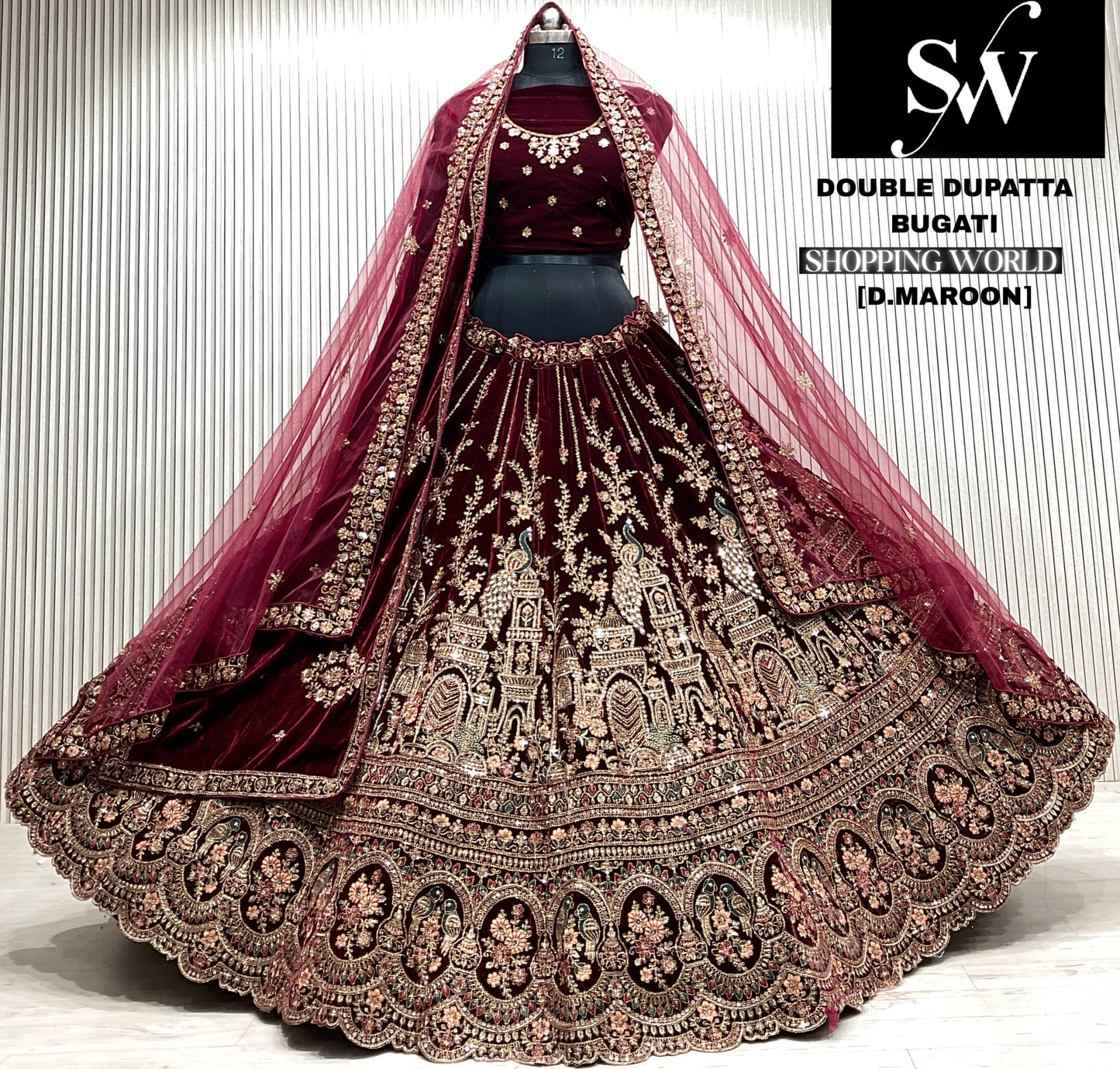 L.maroon double dupatta bridal Lehenga