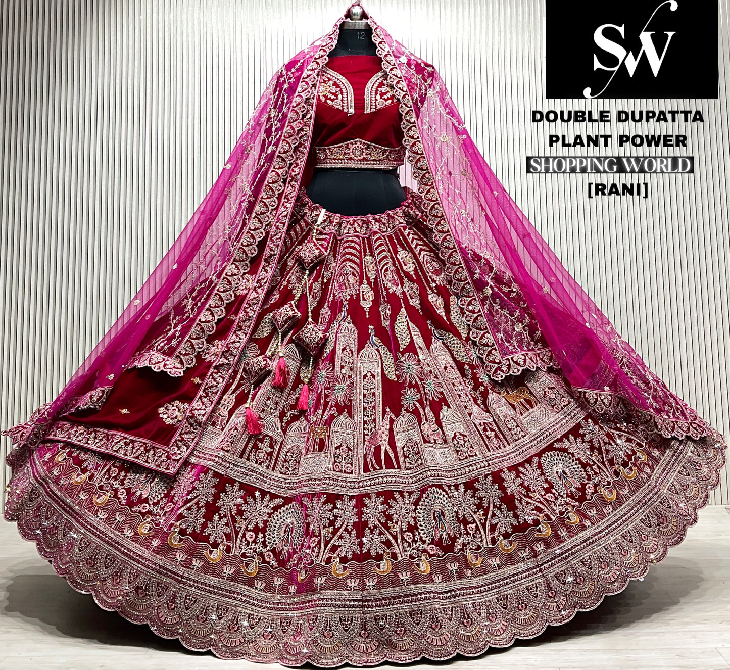 M.daroon double dupatta bridal Lehenga