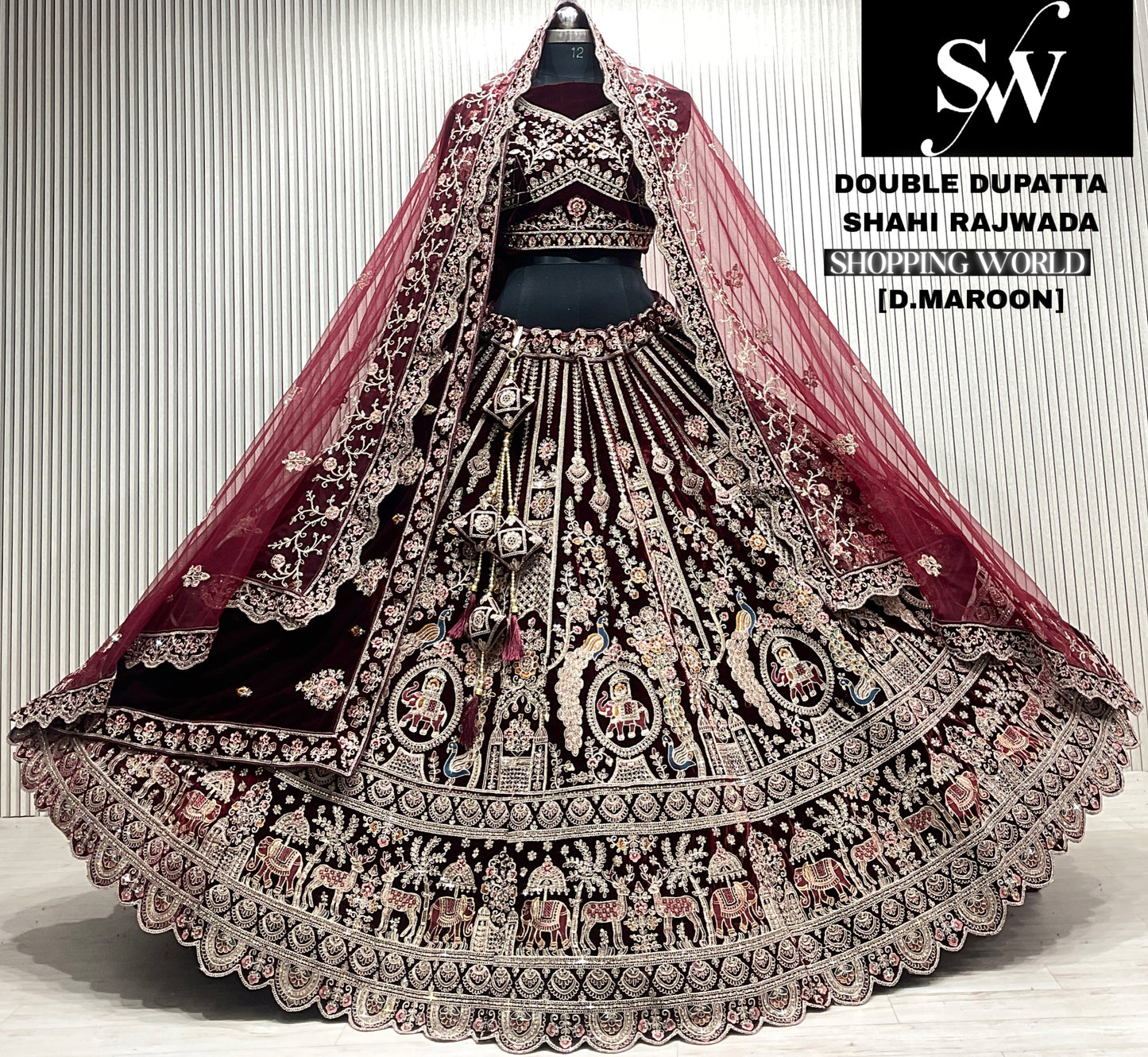 M.daroon double dupatta bridal Lehenga