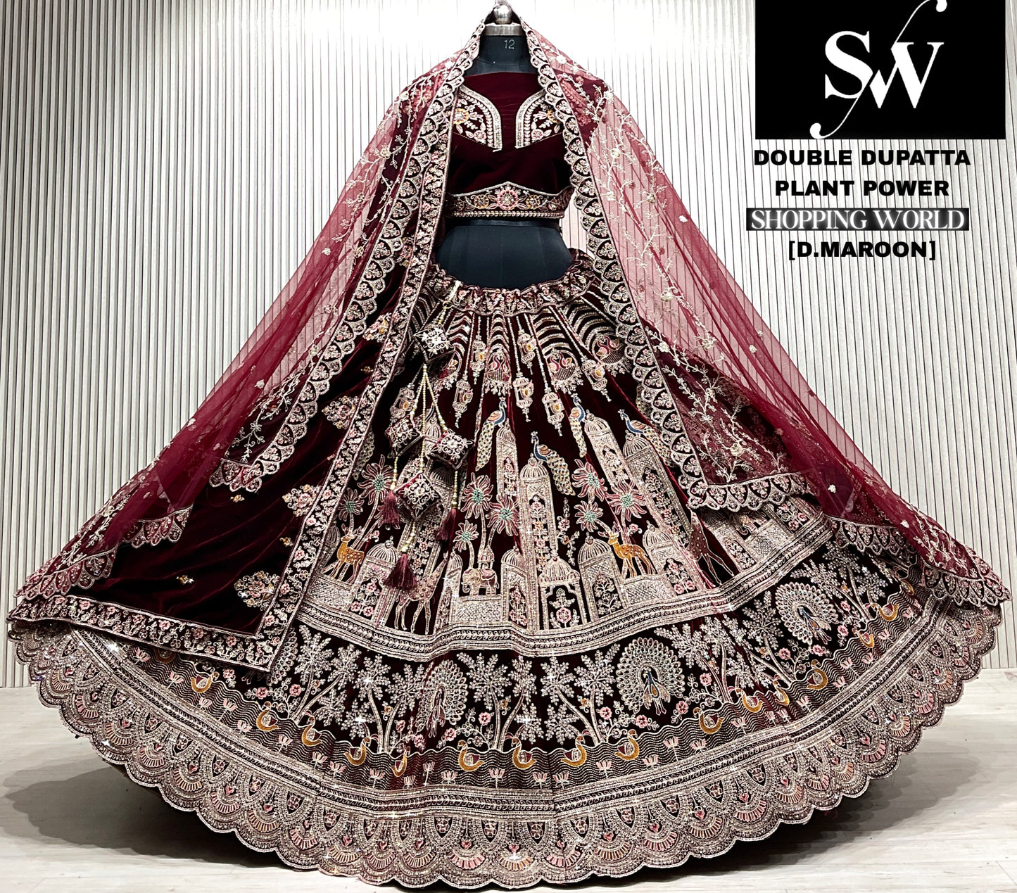 M.daroon double dupatta bridal Lehenga
