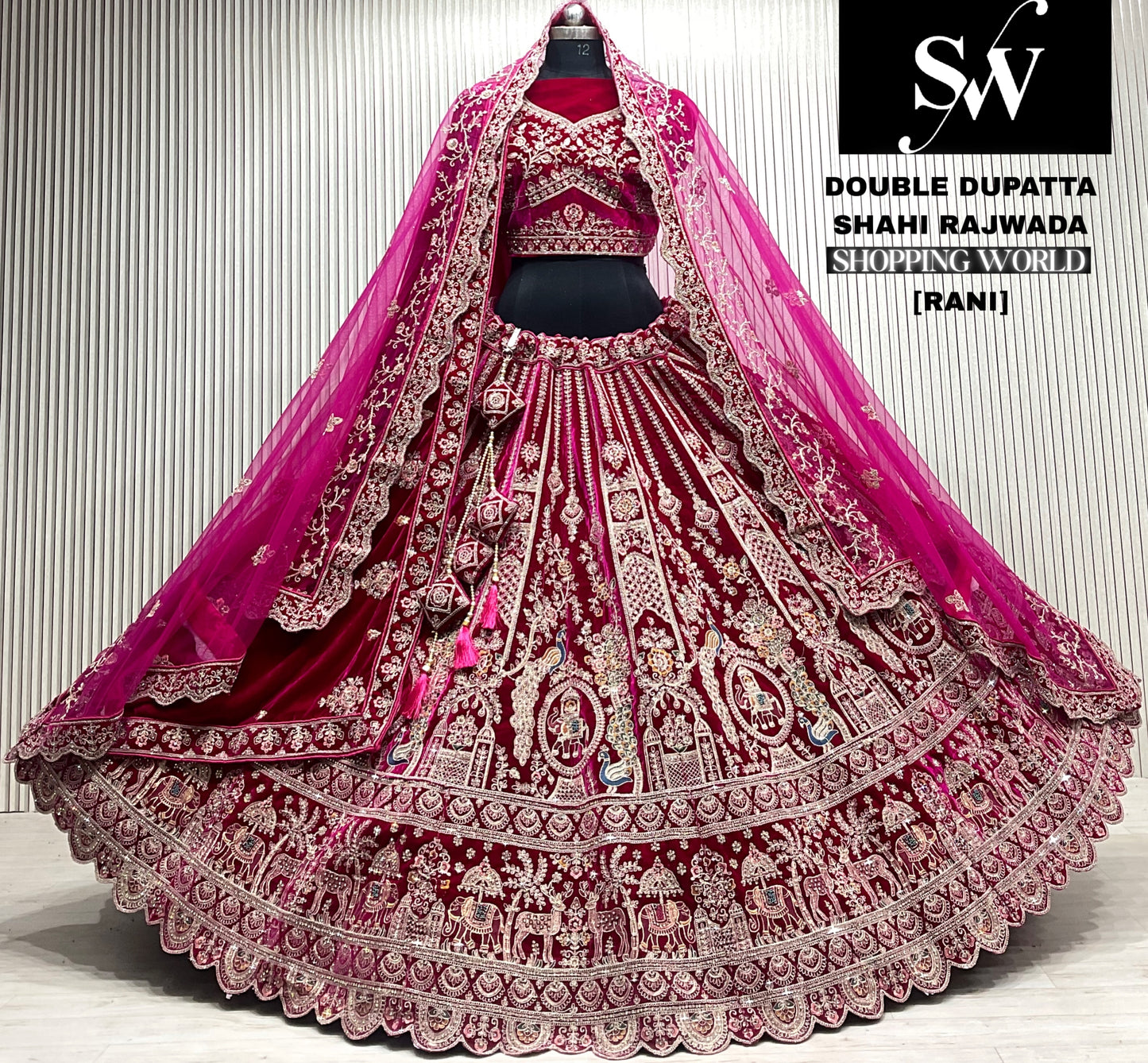 M.daroon double dupatta bridal Lehenga