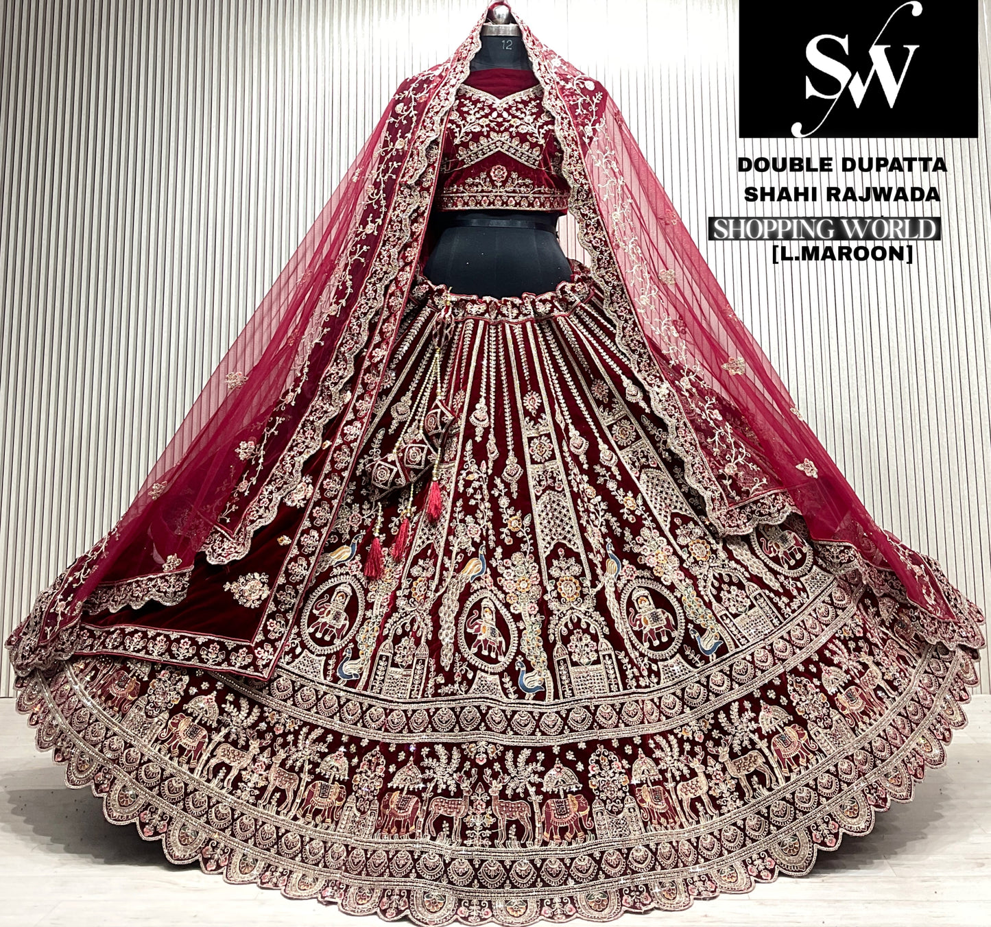 M.daroon double dupatta bridal Lehenga