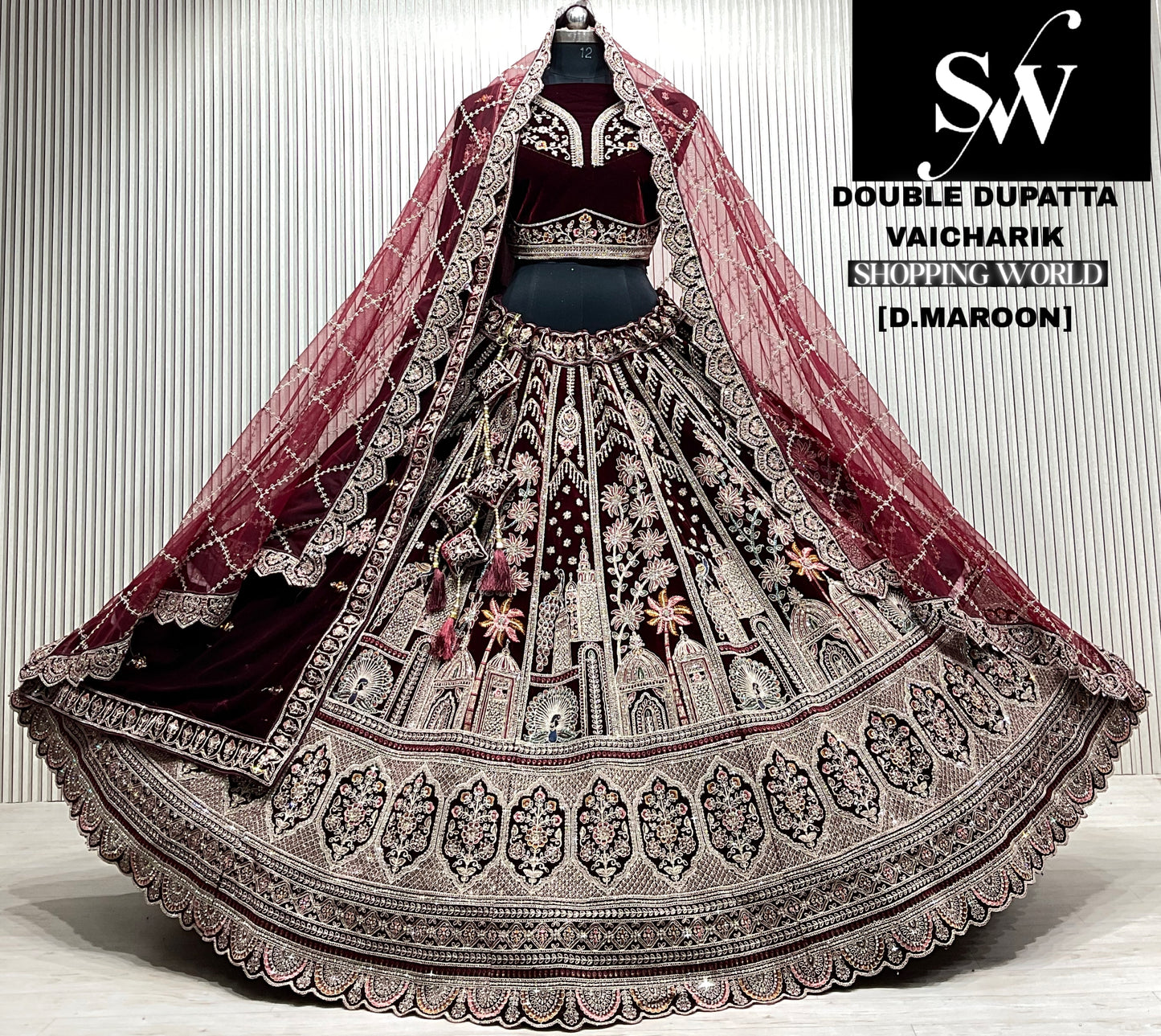 L.maroon double dupatta bridal Lehenga