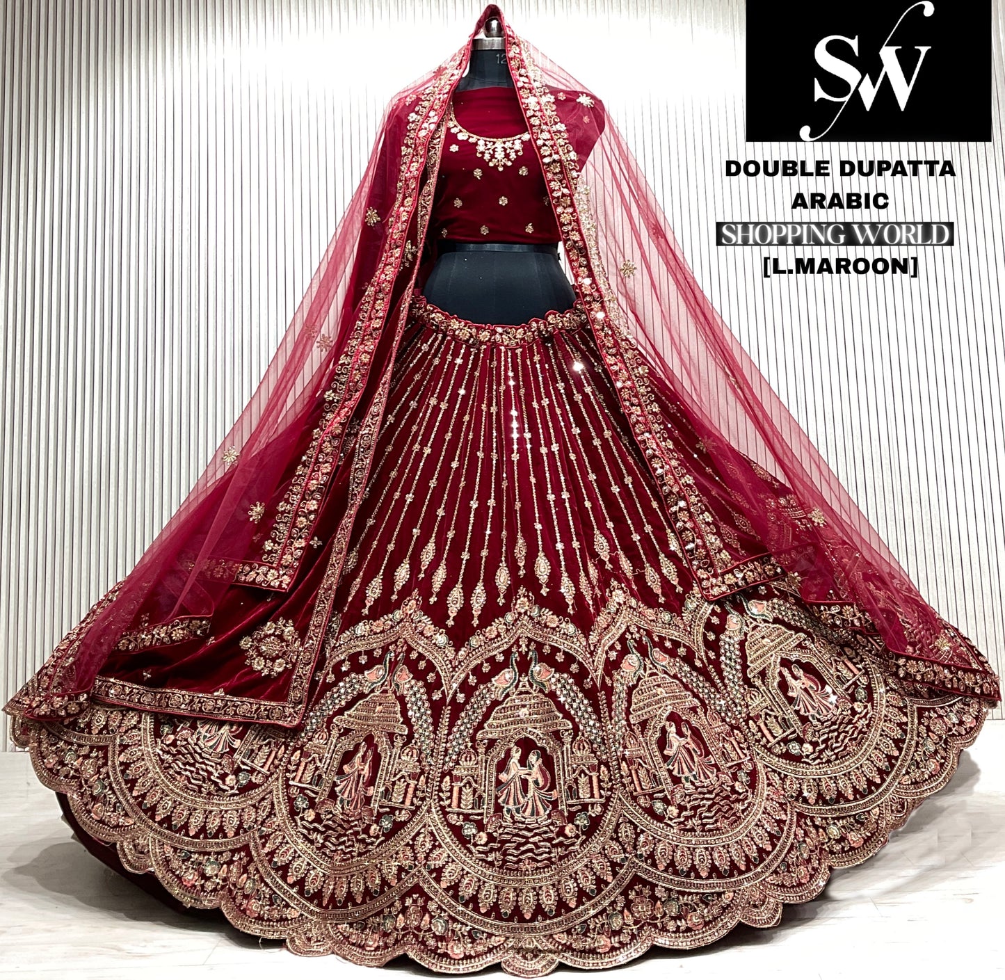 D.maroon double dupatta bridal Lehenga