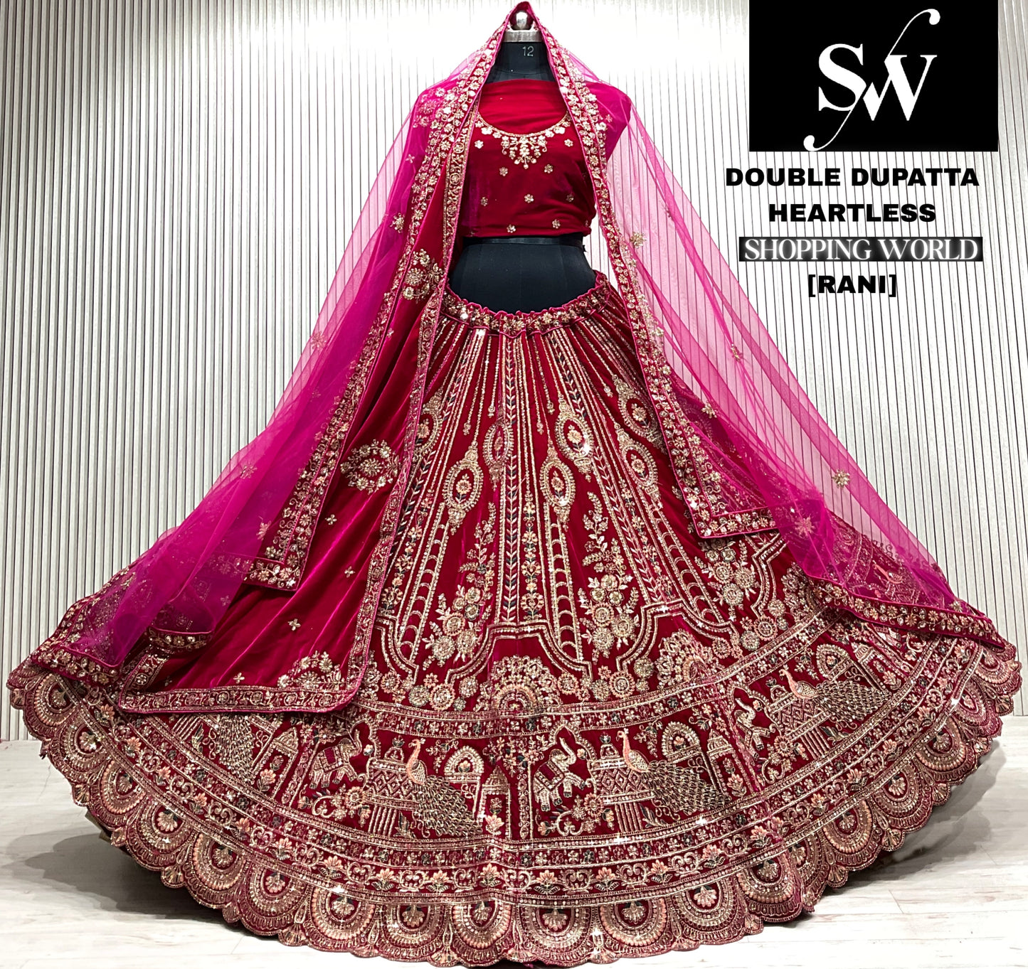 D.maroon double dupatta bridal Lehenga