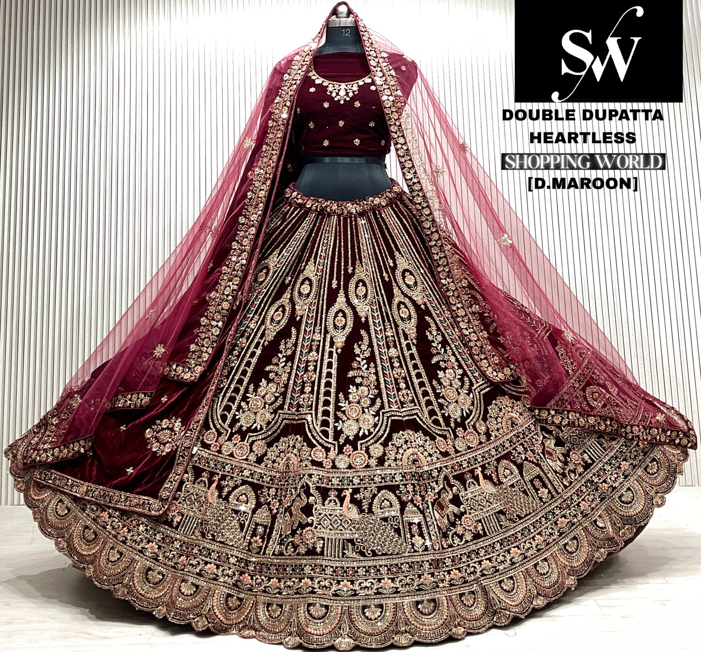 D.maroon double dupatta bridal Lehenga