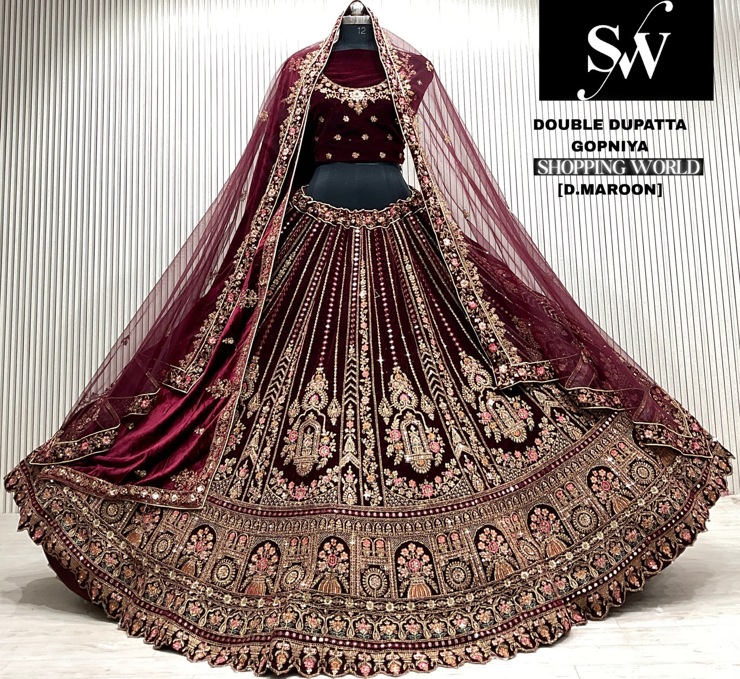 L.maroon double dupatta bridal Lehenga