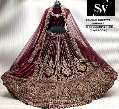 L.maroon double dupatta bridal Lehenga