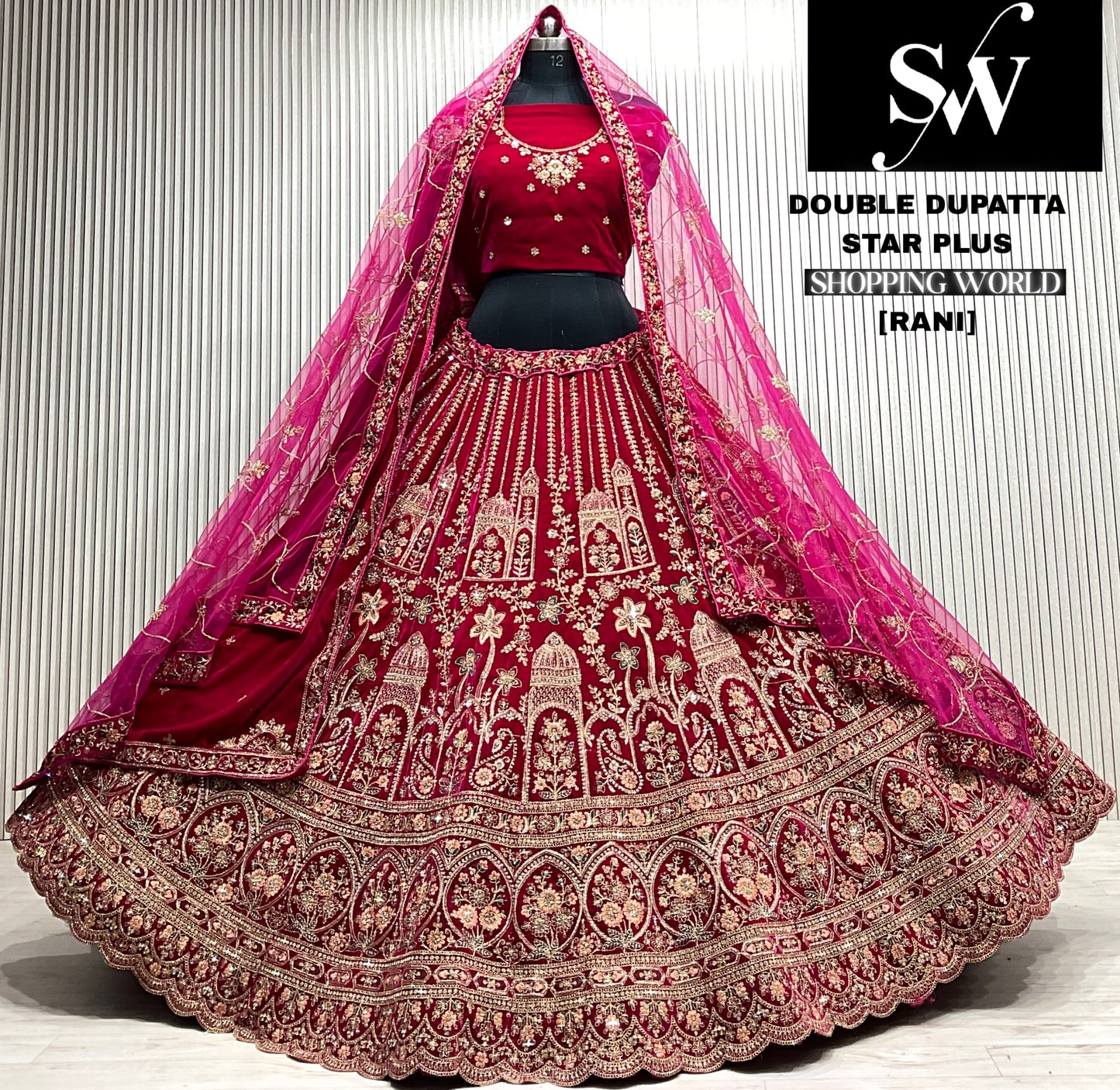D.maroon double dupatta bridal Lehenga