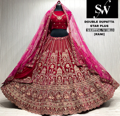 D.maroon double dupatta bridal Lehenga
