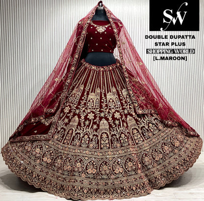 D.maroon double dupatta bridal Lehenga