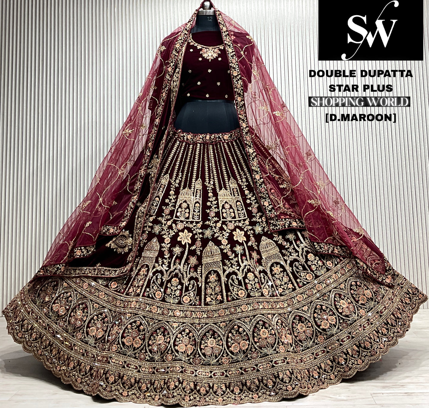 D.maroon double dupatta bridal Lehenga