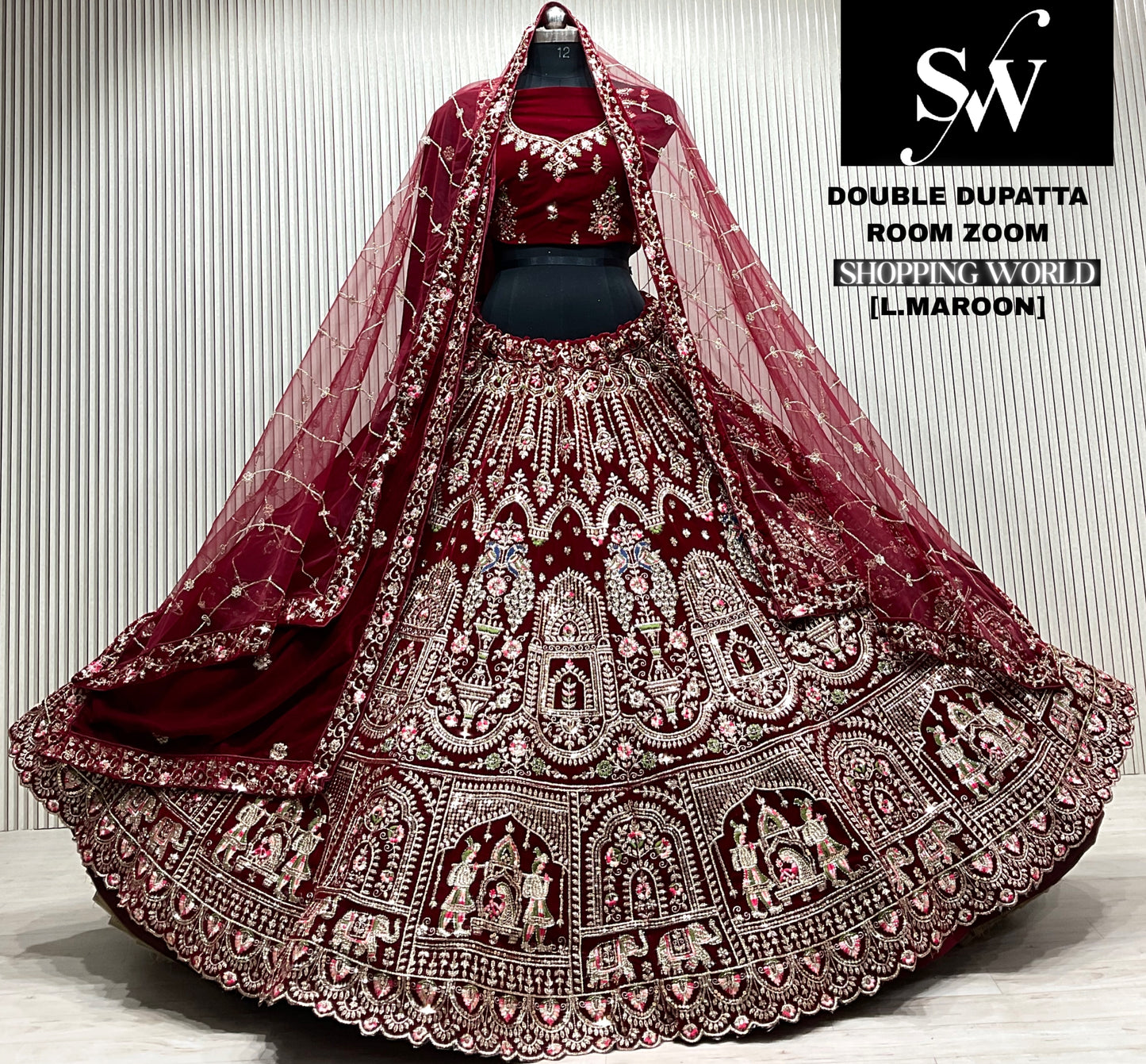 D.maroon double dupatta bridal Lehenga