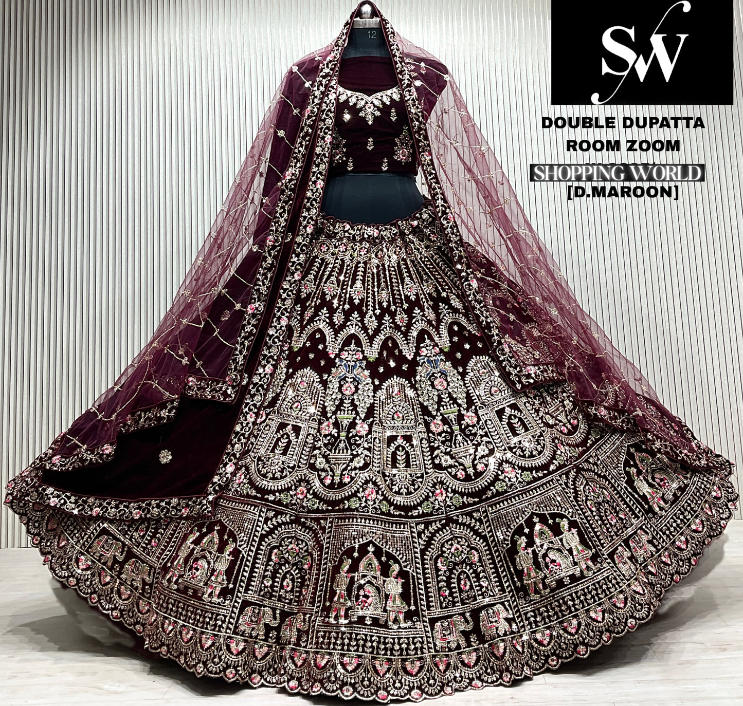 D.maroon double dupatta bridal Lehenga