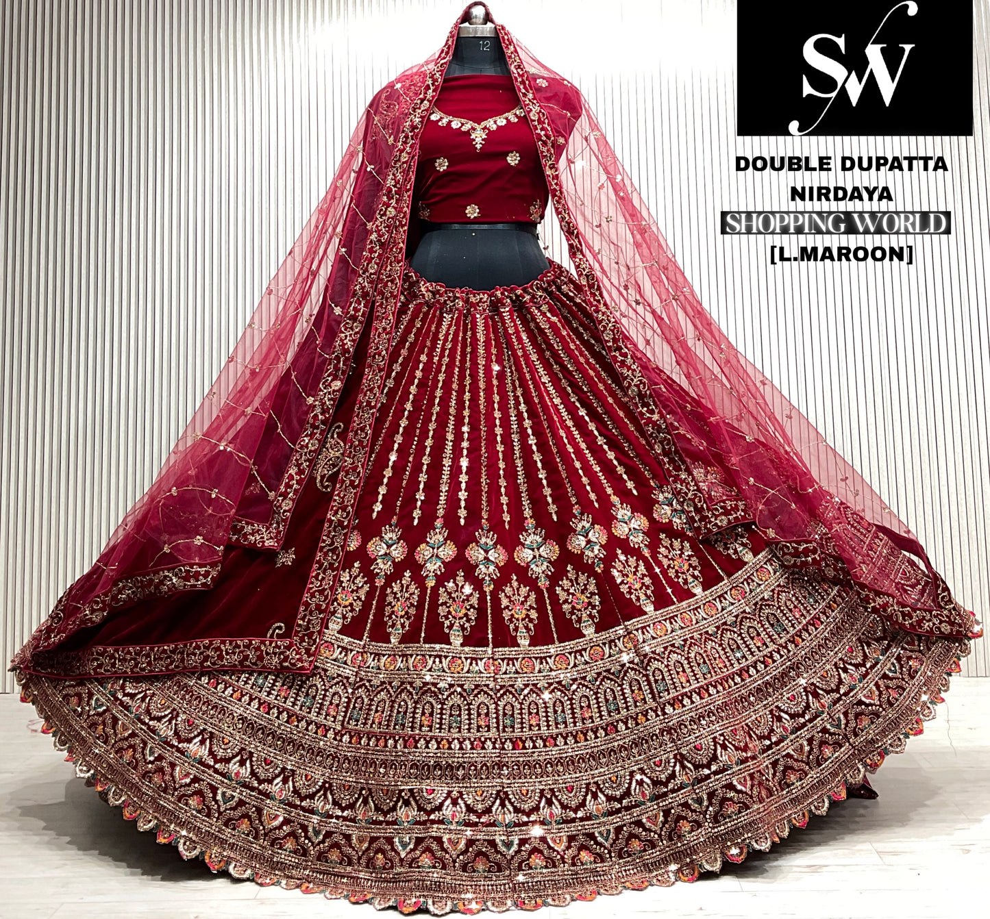 L.maroon double dupatta bridal Lehenga