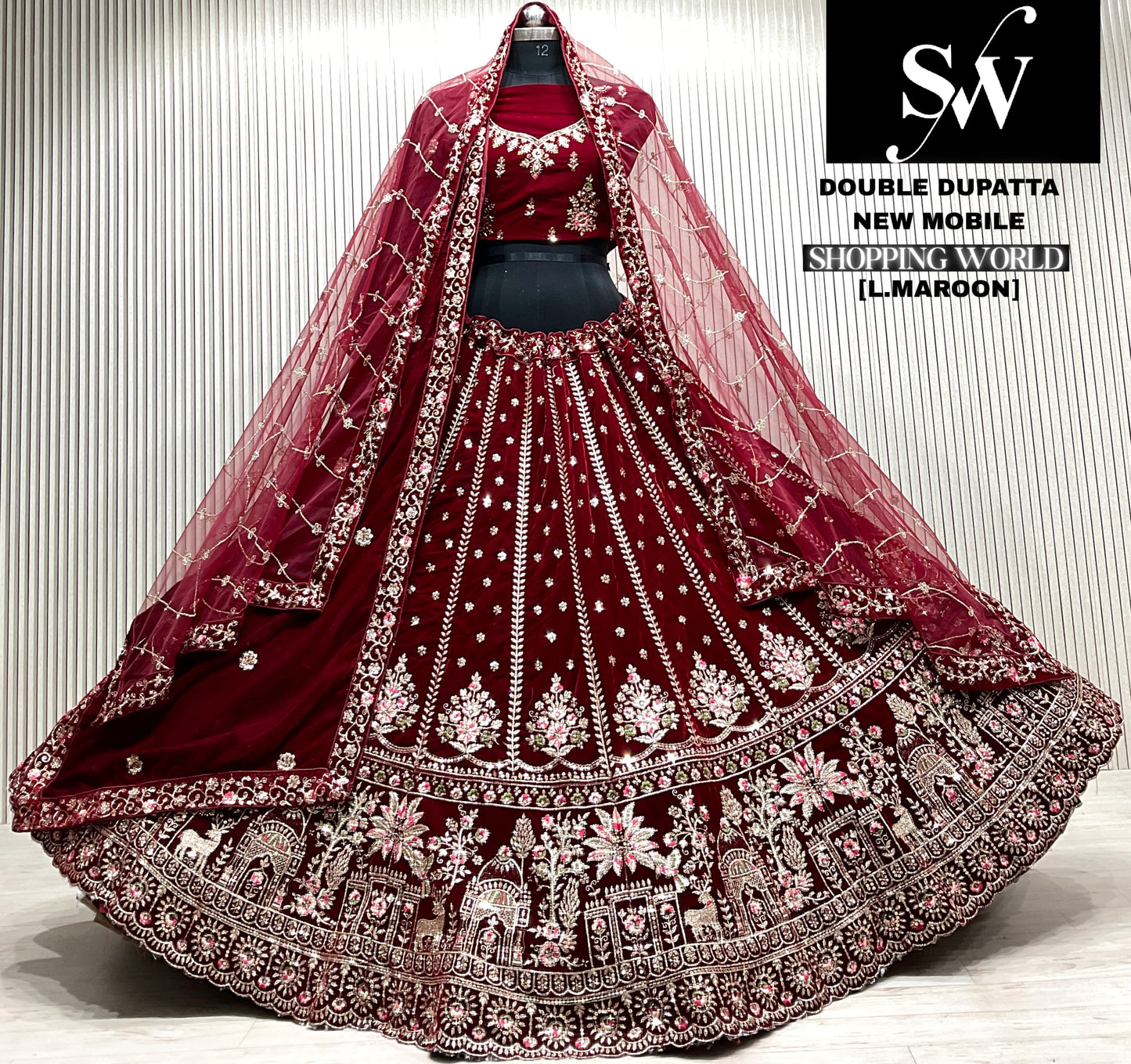D.maroon double dupatta bridal Lehenga