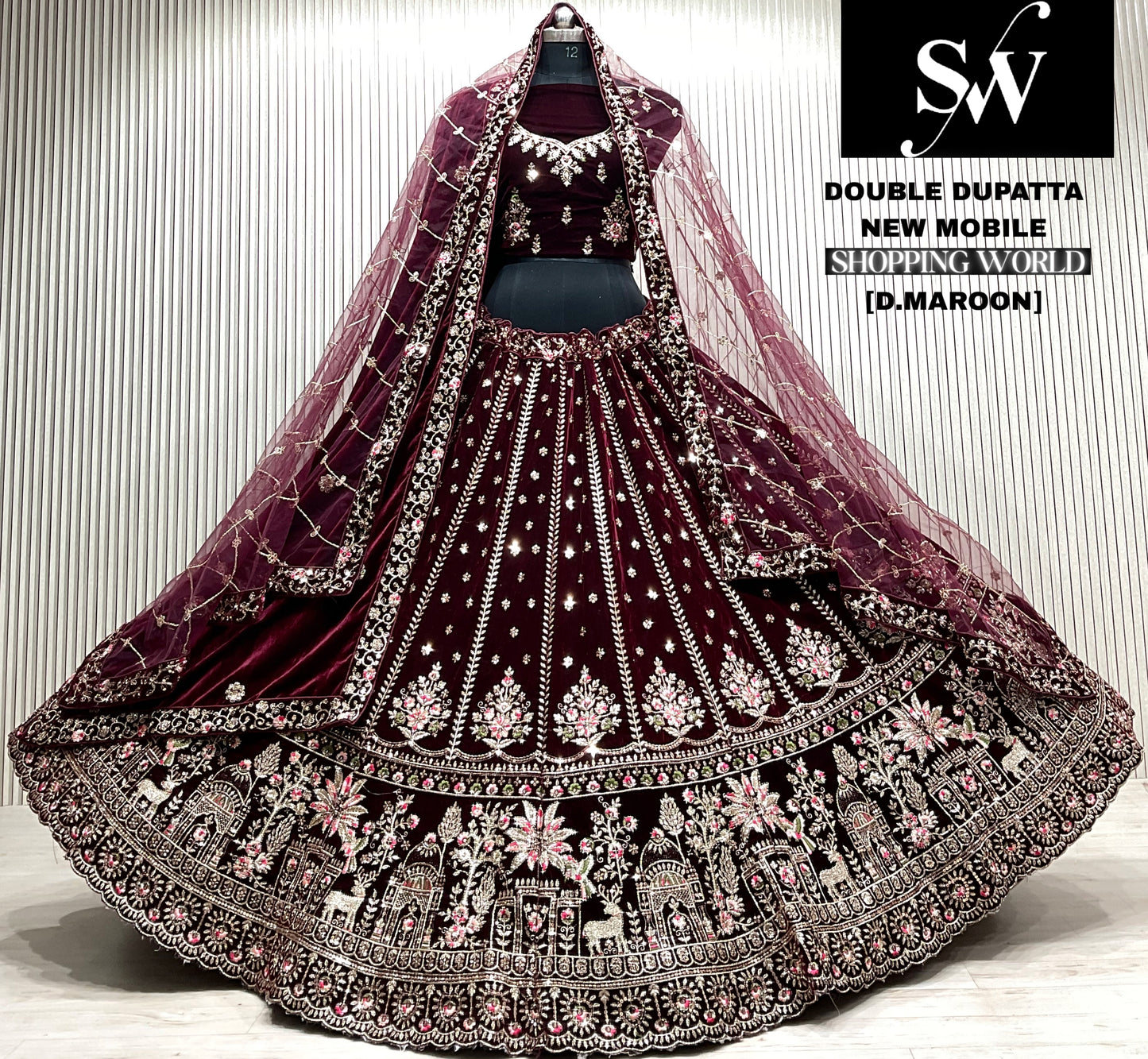 D.maroon double dupatta bridal Lehenga