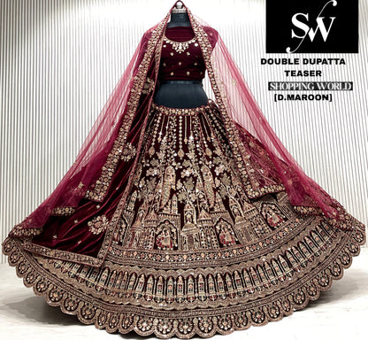 D.maroon double dupatta bridal Lehenga