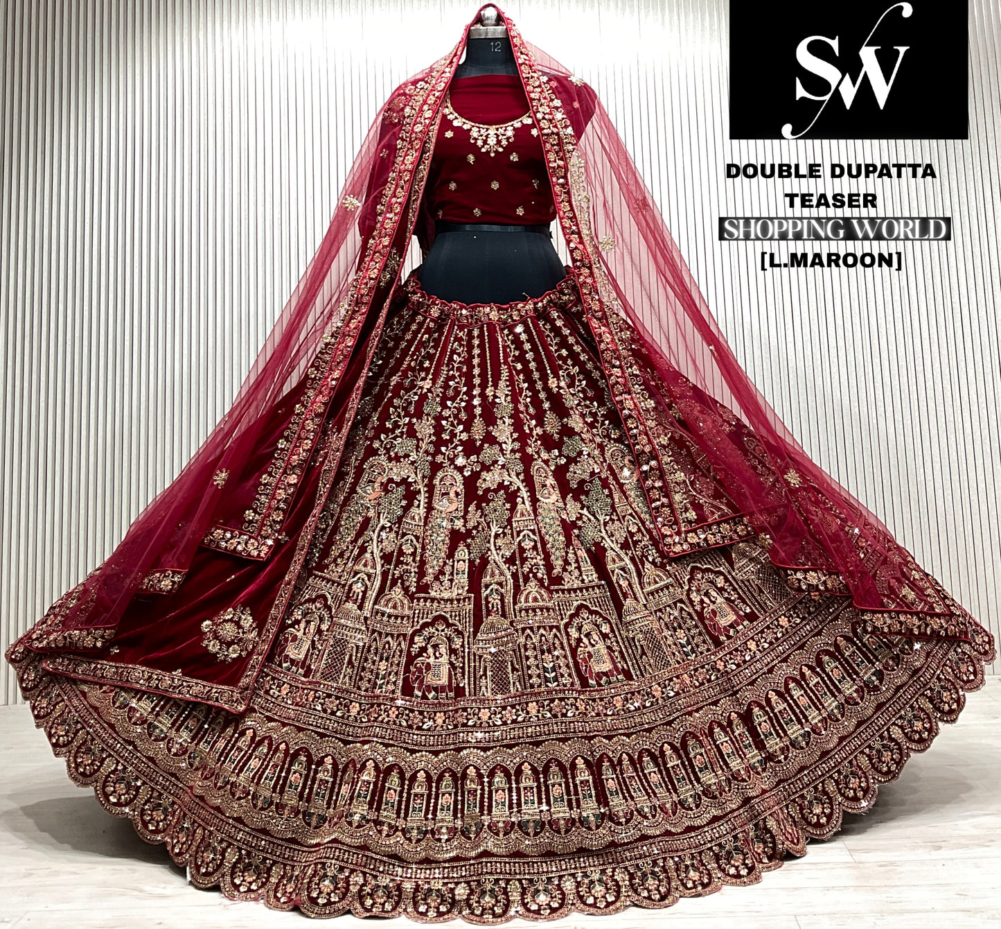 D.maroon double dupatta bridal Lehenga