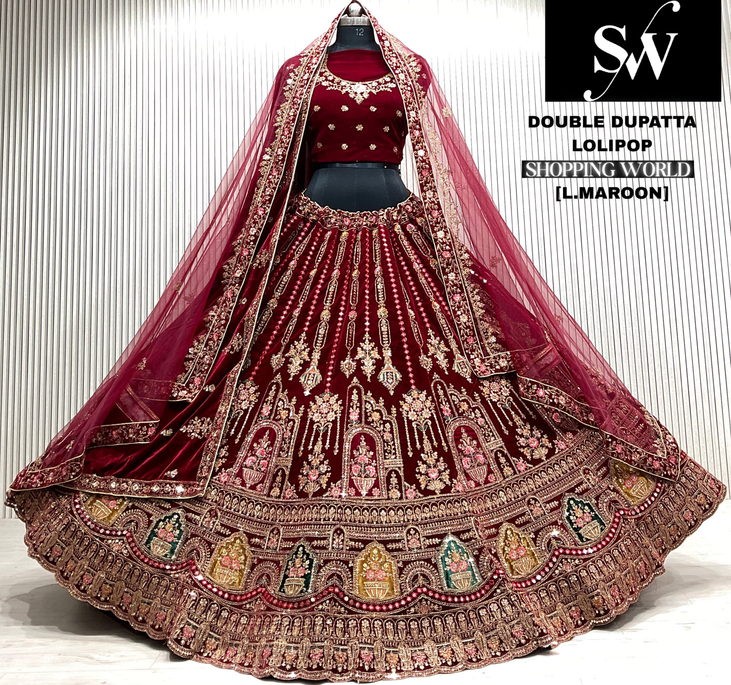 D.maroon double dupatta bridal Lehenga