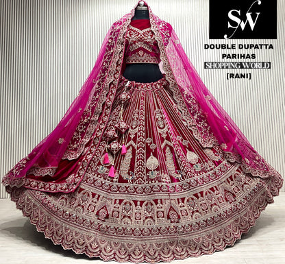 D.maroon double dupatta bridal Lehenga