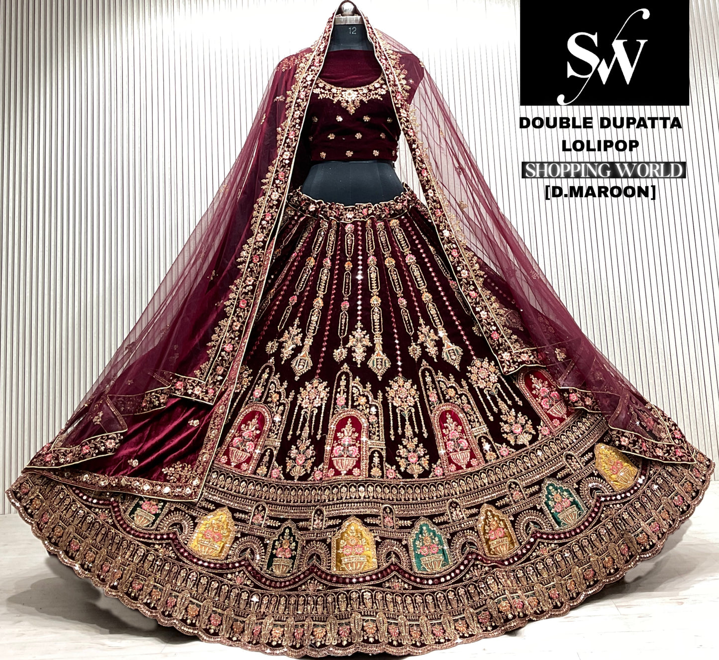 D.maroon double dupatta bridal Lehenga