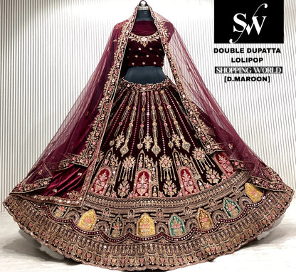 D.maroon double dupatta bridal Lehenga