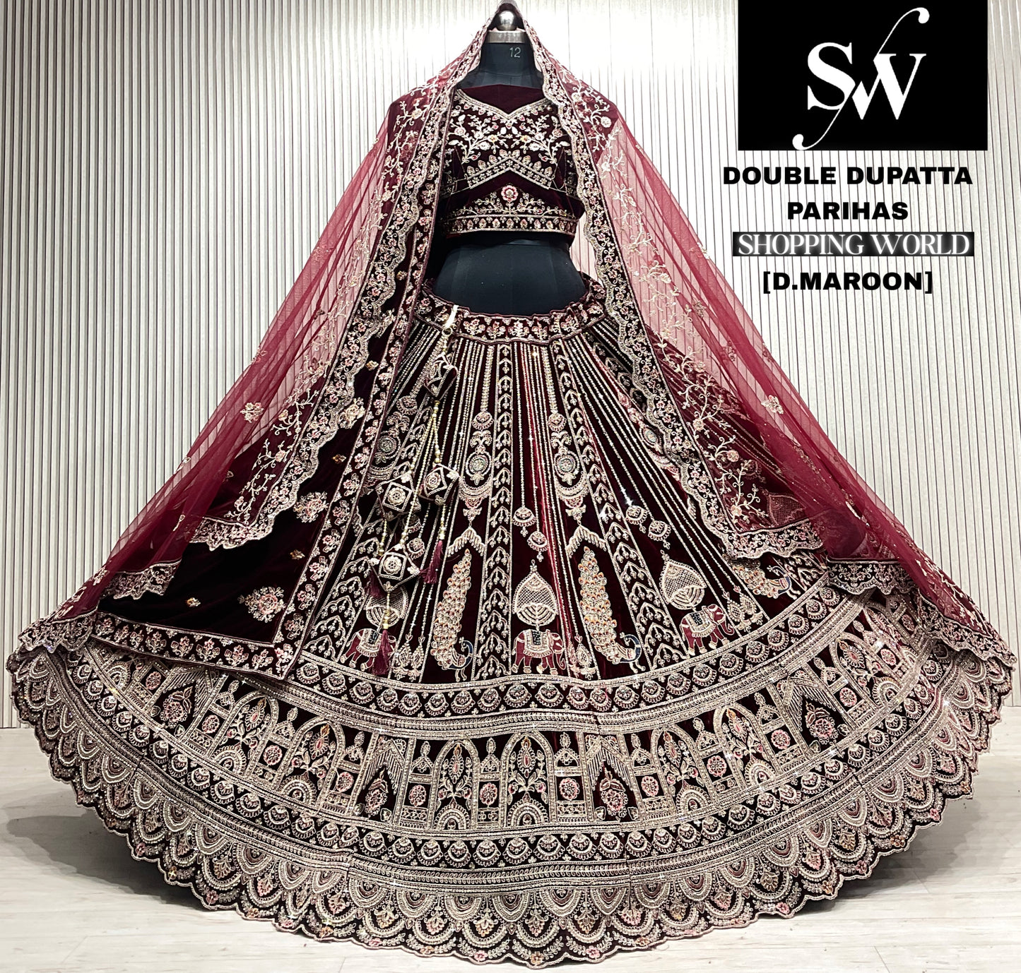 D.maroon double dupatta bridal Lehenga