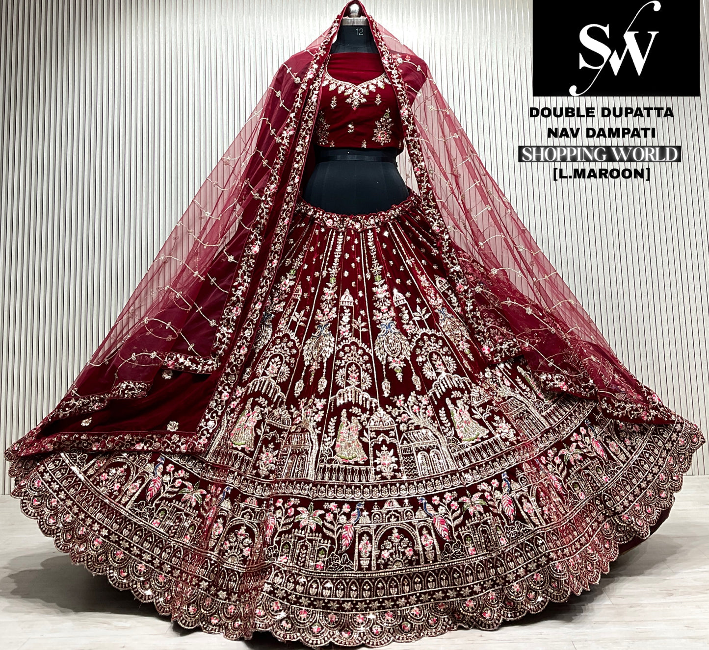 L.maroon double dupatta bridal Lehenga