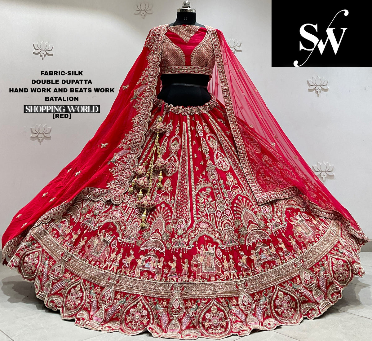 Red silk double dupatta Lehenga