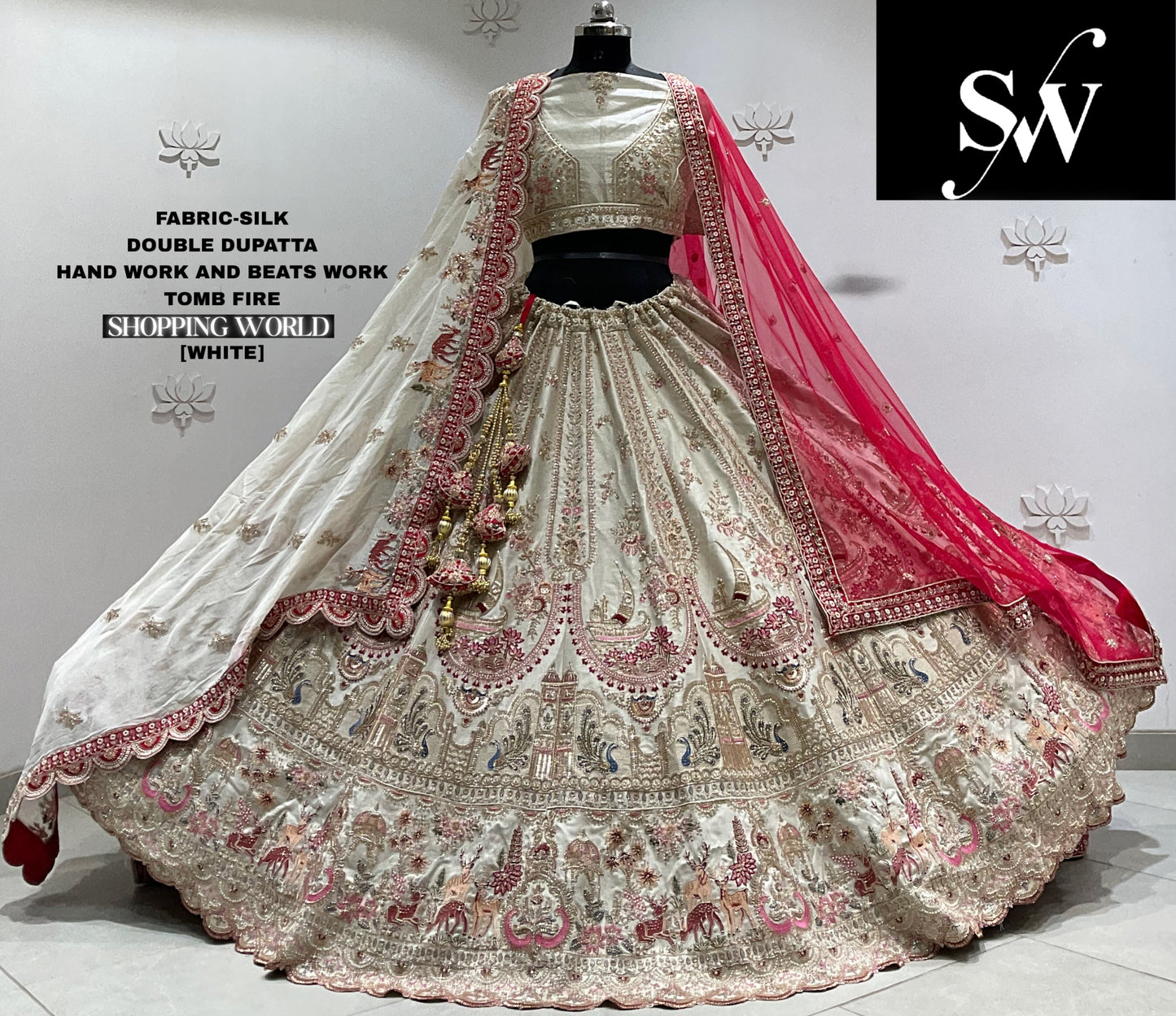 White silk double dupatta Lehenga