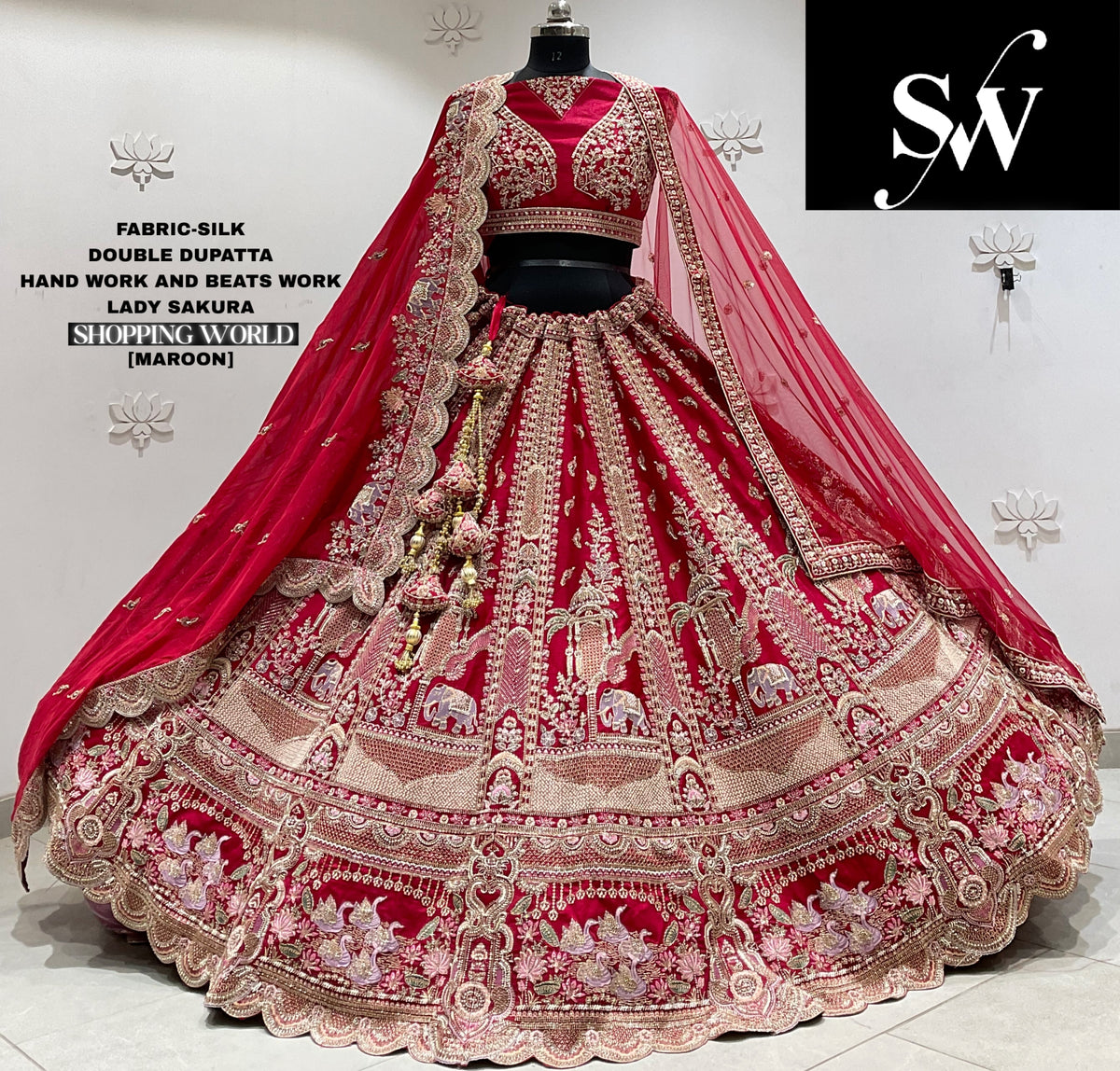 Rani pink silk double dupatta Lehenga