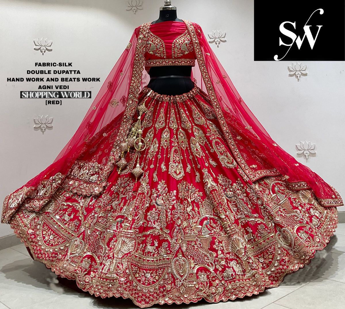 Red silk double dupatta Lehenga