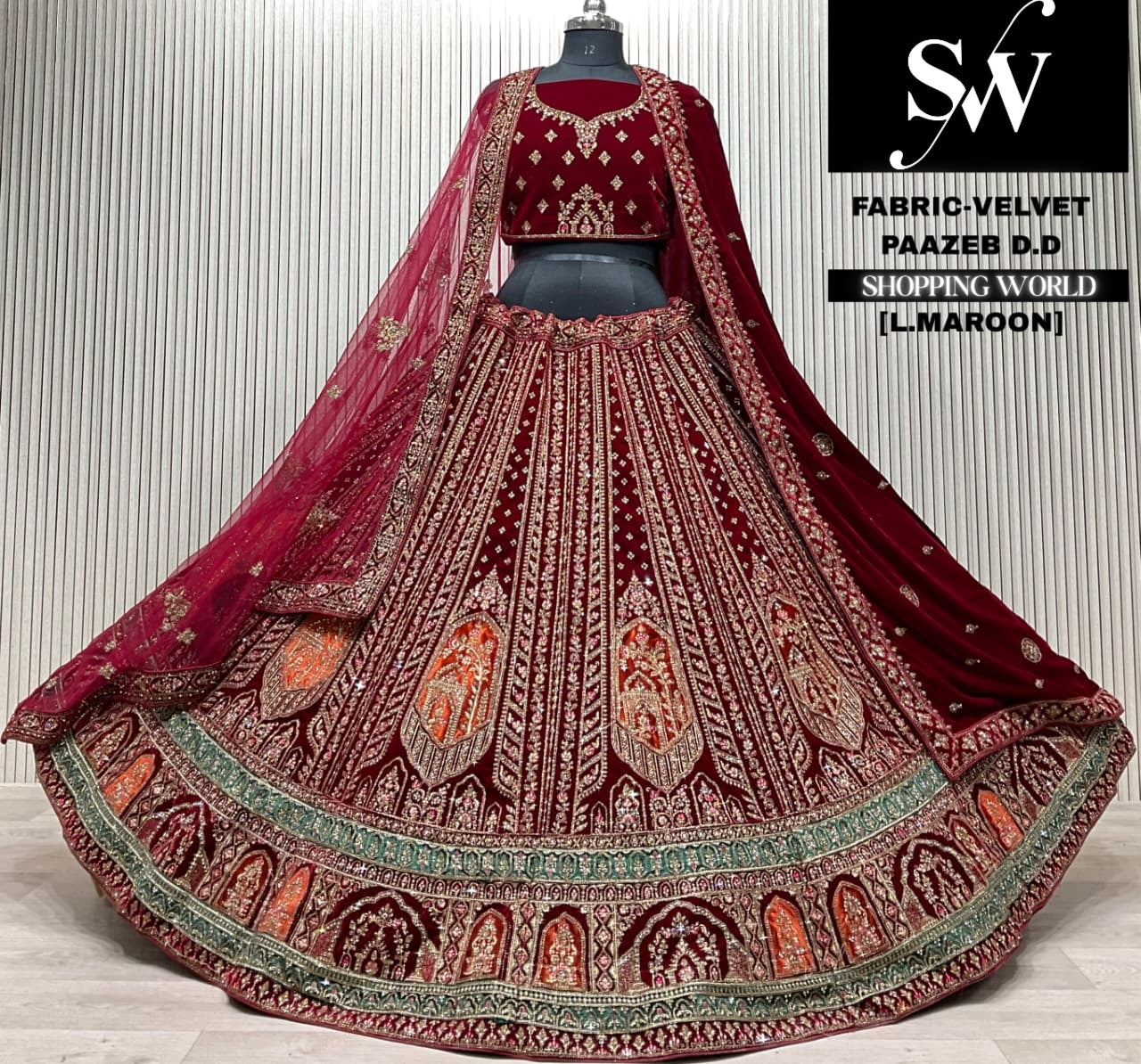 L.marron velvet double dupatta Lehenga